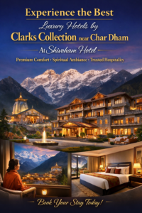 Best Luxury Hotels by Clarks Collection Near Char Dham, set against Himalayan mountains at dusk, featuring elegant architecture, a nearby temple, premium rooms, and a serene spiritual ambiance.
