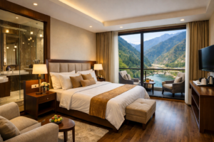 Modern premium hotel room in Uttarkashi with a king-size bed, attached luxury bathroom, and balcony overlooking scenic mountains and a river. | Modern premium hotel with attached bathrooms in Uttarkashi