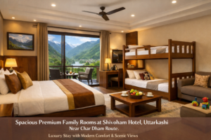 Spacious premium family room at Shivoham Hotel Uttarkashi with king-size bed, bunk bed, modern interiors, and scenic mountain views near Char Dham route. | Spacious Premium Family Rooms in Uttarkashi for Luxury Stay