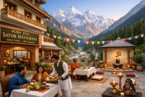 Premium Hotel with Pure Vegetarian Restaurant Near Gangotri, outdoor dining, prayer flags, a serene meditation space, and snow-capped mountain views.