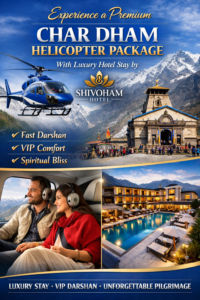 Premium Char Dham helicopter package advertisement by Shivoham Hotel featuring a luxury helicopter flying over the Himalayas near Kedarnath Temple, highlighting fast darshan, VIP comfort, and luxury hotel stay | Premium Char Dham helicopter package with luxury hotel stay option