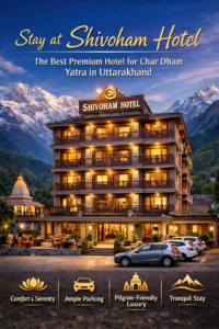 Promotional image of Shivoham Hotel in Uttarakhand with Himalayan mountains in the background, showcasing a premium multi-storey hotel offering comfort, serenity, ample parking, and pilgrim-friendly luxury for Char Dham Yatra travelers. | Best Premium Hotel for Char Dham Yatra in Uttarakhand