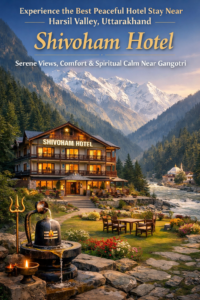 Peaceful mountain-view Shivoham Hotel near Harsil Valley, Uttarakhand, with serene river surroundings, snow-capped Himalayan peaks, and spiritual ambiance near Gangotri. | Best Peaceful Hotel Stay Near Harsil Valley Uttarakhand