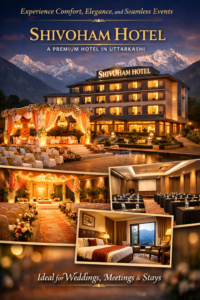 Shivoham Hotel in Uttarkashi showcasing a premium mountain-view hotel with elegant wedding décor, modern banquet and conference halls, and luxurious guest rooms. | Premium Hotel with Banquet and Conference Hall in Uttarkashi
