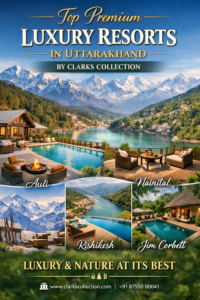 Promotional image showcasing top premium luxury resorts in Uttarakhand by ginger Collection, featuring scenic views of the Himalayas, lakeside infinity pools, and luxury stays in Auli, Rishikesh, Nainital, and Jim Corbett.