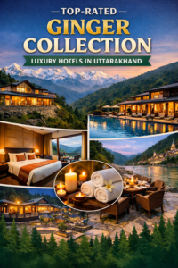 Top-Rated ginger Collection Luxury Hotels in Uttarakhand, featuring a riverside resort, elegant rooms, fine dining, serene spa meditation, and evening Ganga aarti against Himalayan landscapes.