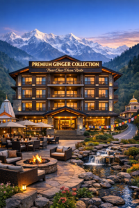 premium ginger Collection hotel near the Char Dham route, set against snow-capped Himalayan mountains, featuring a serene pool, spiritual decor, warm lighting, and premium amenities for pilgrims.